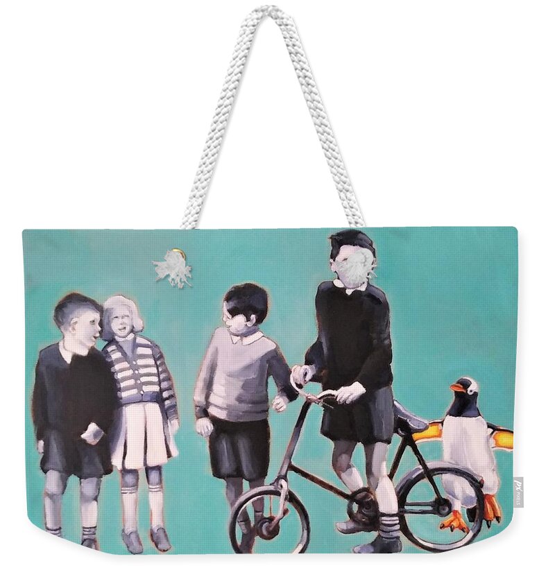 Children Weekender Tote Bag featuring the painting The Penguin Club by Jean Cormier