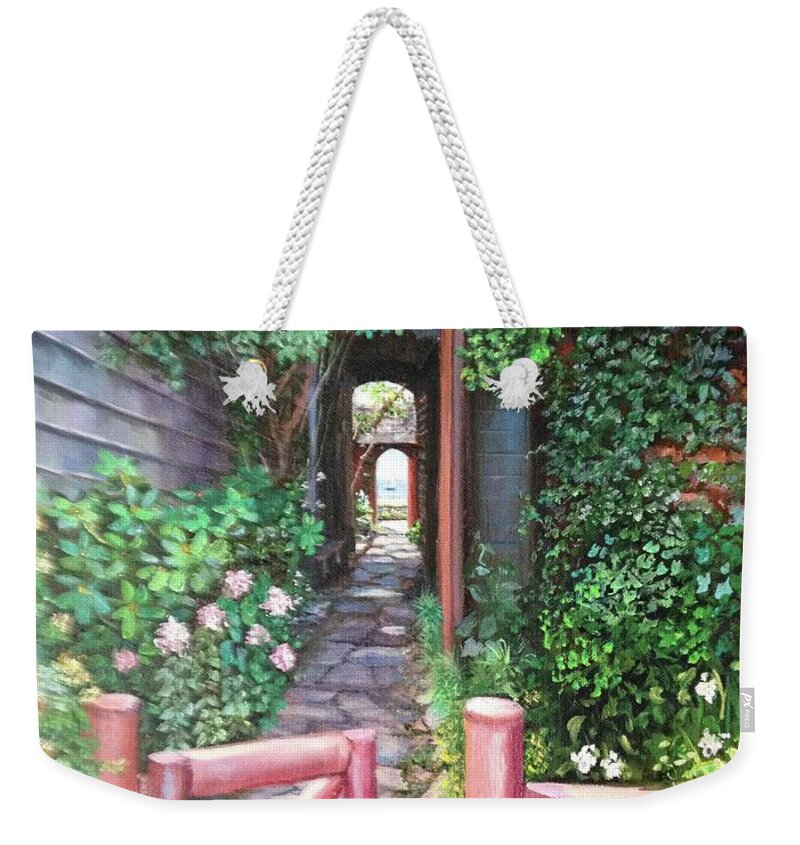 Pink Gate Weekender Tote Bag featuring the painting The Pink Gate by Judy Rixom