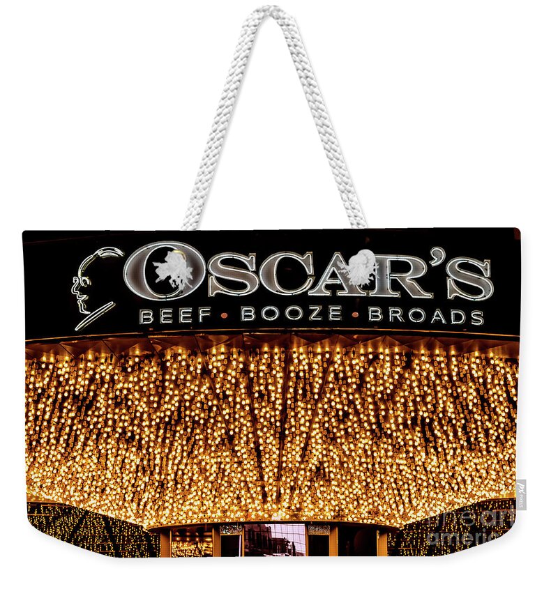 Oscars Las Vegas Weekender Tote Bag featuring the photograph The Plaza Casino Oscars Lights and Sign at Night by Aloha Art