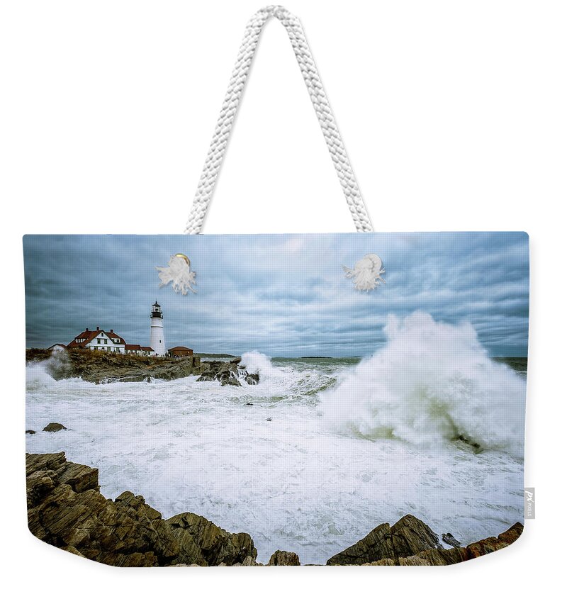 Atlantic Ocean Weekender Tote Bag featuring the photograph The Power Of The Sea, Nor'easter Waves. by Jeff Sinon