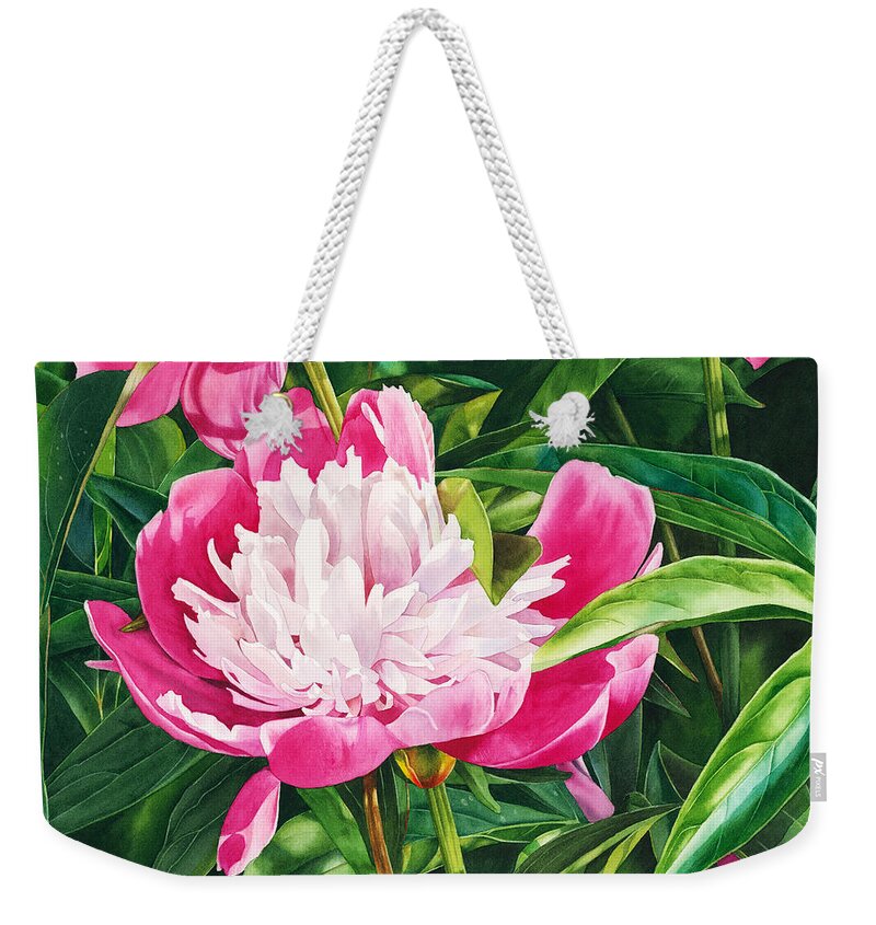 Peony Weekender Tote Bag featuring the painting The Queen of the Garden by Espero Art