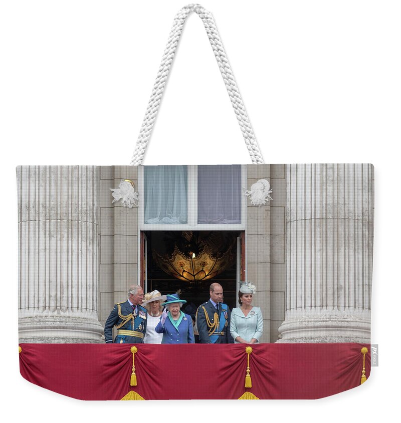 Raf Weekender Tote Bag featuring the photograph The Queen waves at the crowds by Andrew Lalchan