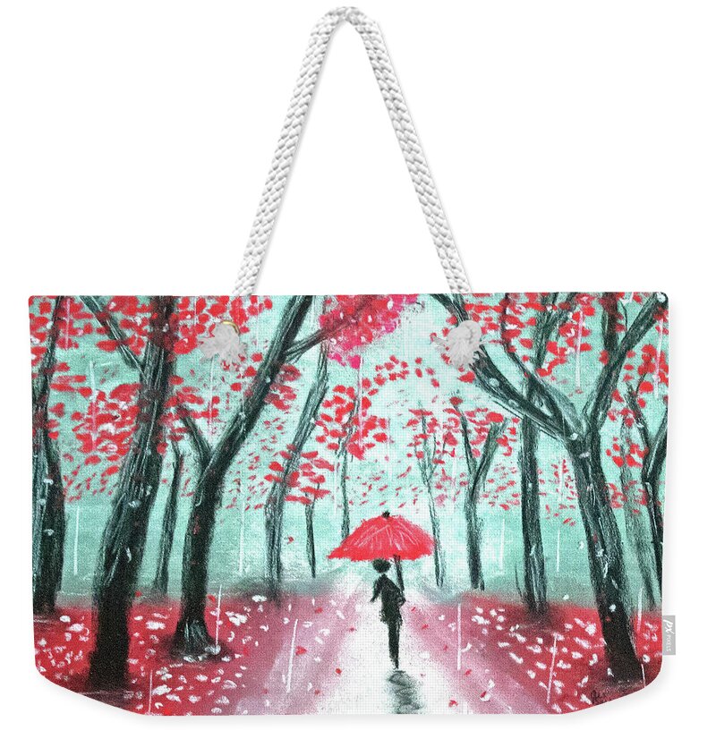 Umbrella Weekender Tote Bag featuring the drawing The Rainy Path by Ali Baucom