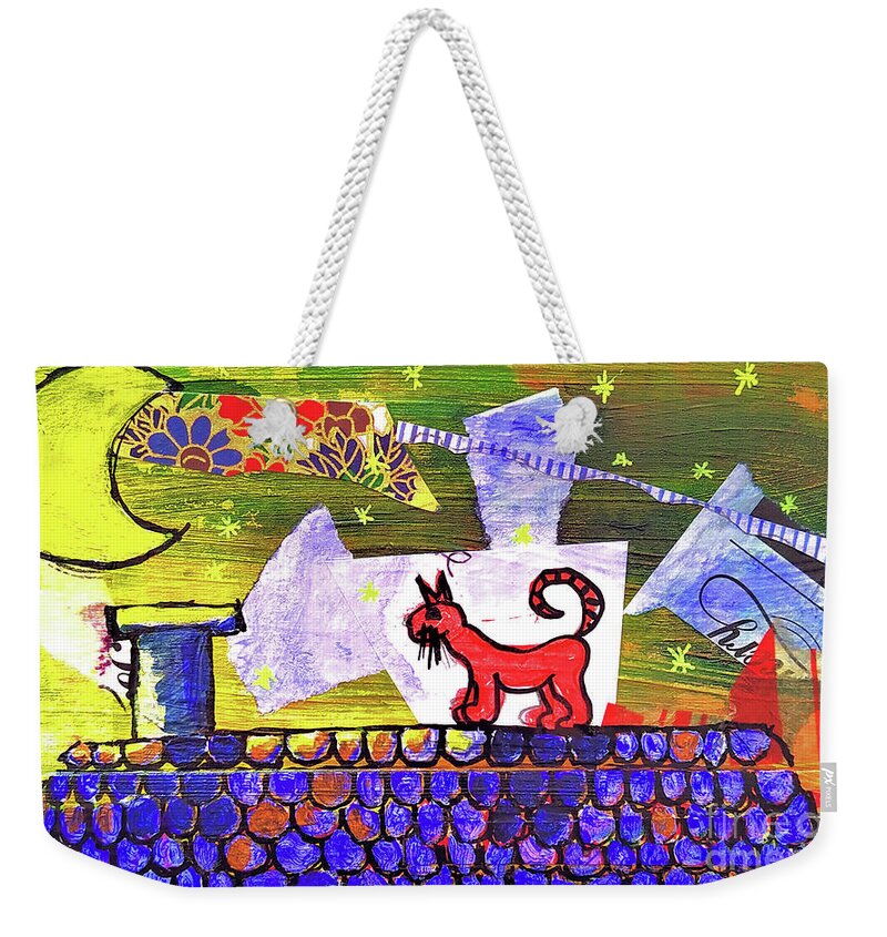 Cat Weekender Tote Bag featuring the mixed media The Red Cat on the Roof by Mimulux Patricia No