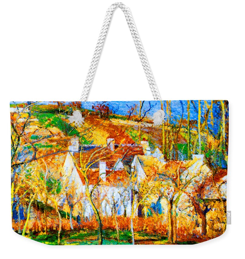 Camille Weekender Tote Bag featuring the painting The Red Roofs, Corner of a Village Winter 1877 by Camille Pissarro