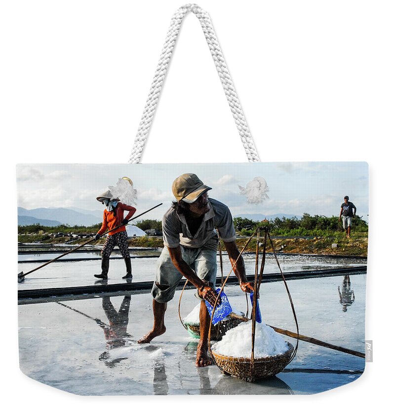 Salt Weekender Tote Bag featuring the photograph The Salt Fields - Salt Farmers, Vietnam by Earth And Spirit