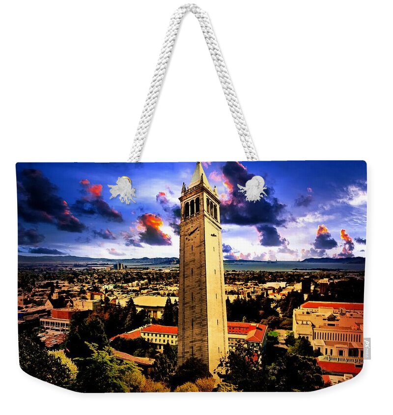 Berkeley Weekender Tote Bag featuring the digital art The Sather Tower and a a view to Berkeley Campus, downtown Berkeley and San Francisco Bay at sunrise by Nicko Prints