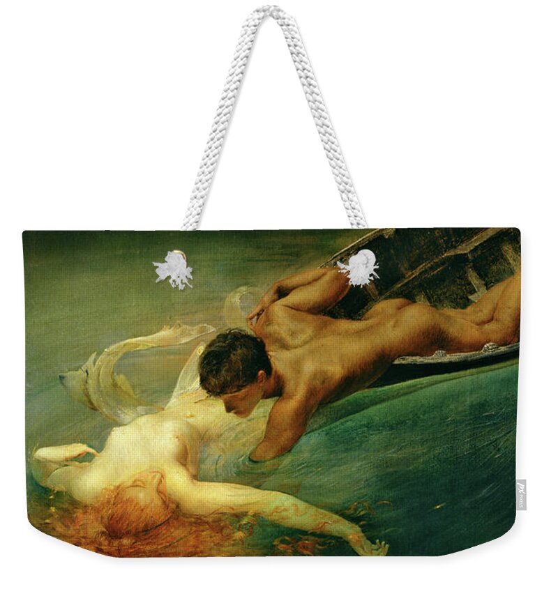 The Siren Weekender Tote Bag featuring the painting The Siren, Green Abyss by Giulio Aristide Sartorio