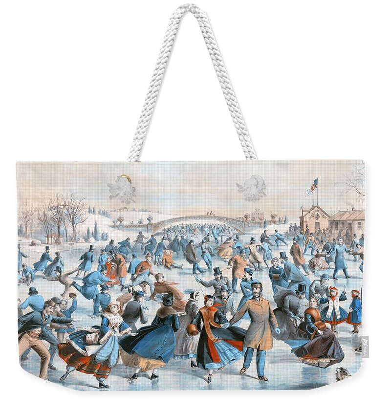 Sport Weekender Tote Bag featuring the drawing The Skating Pond by Mango Art