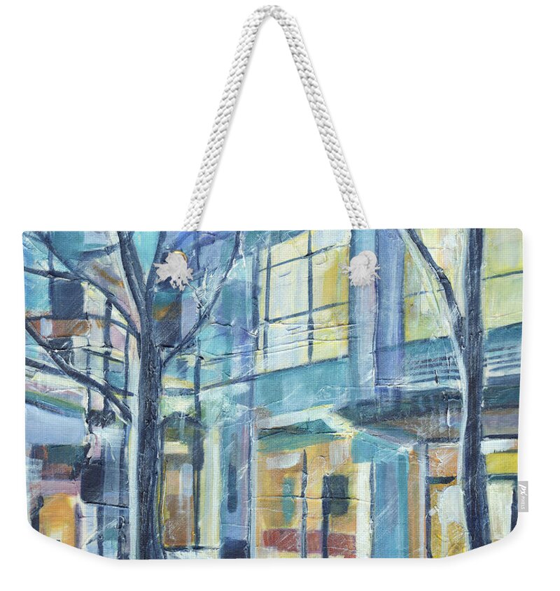 Contemporary Painting Weekender Tote Bag featuring the painting Shadows And Tall Trees by Tanya Filichkin