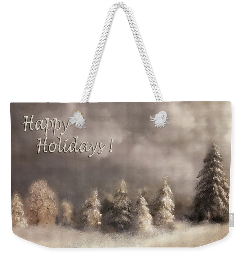 Winter Weekender Tote Bag featuring the digital art The Snowy Road Happy Holidays Version by Lois Bryan