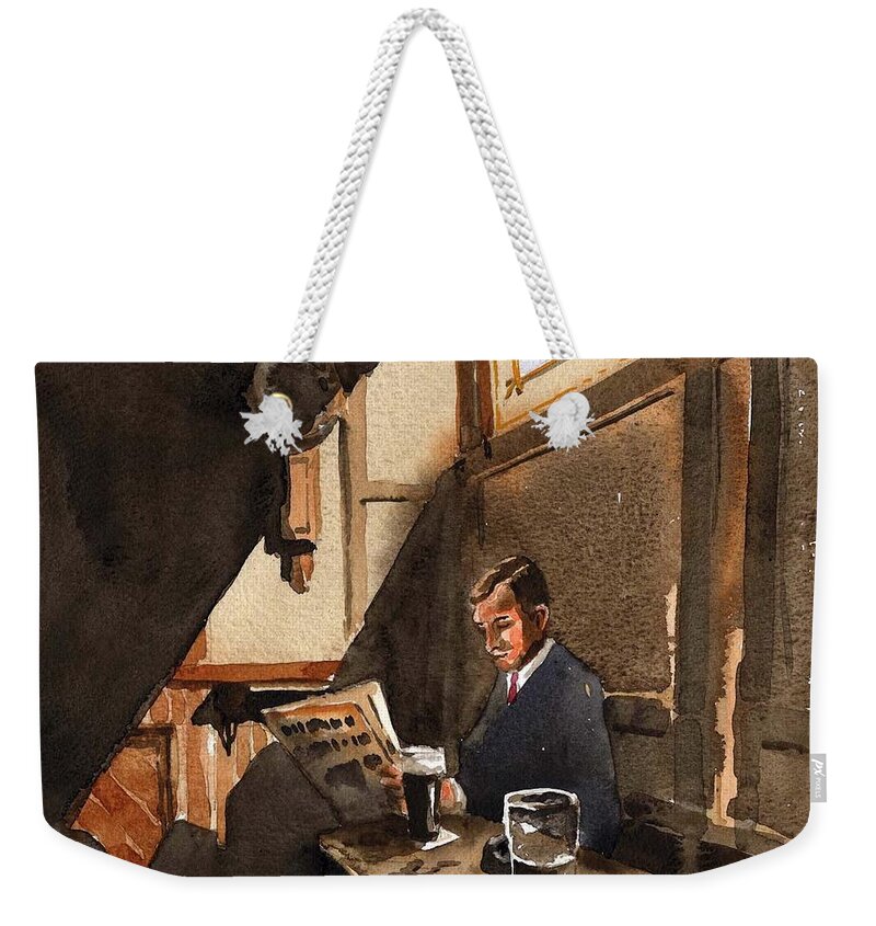 Ireland Weekender Tote Bag featuring the painting And now for a pint. by Val Byrne