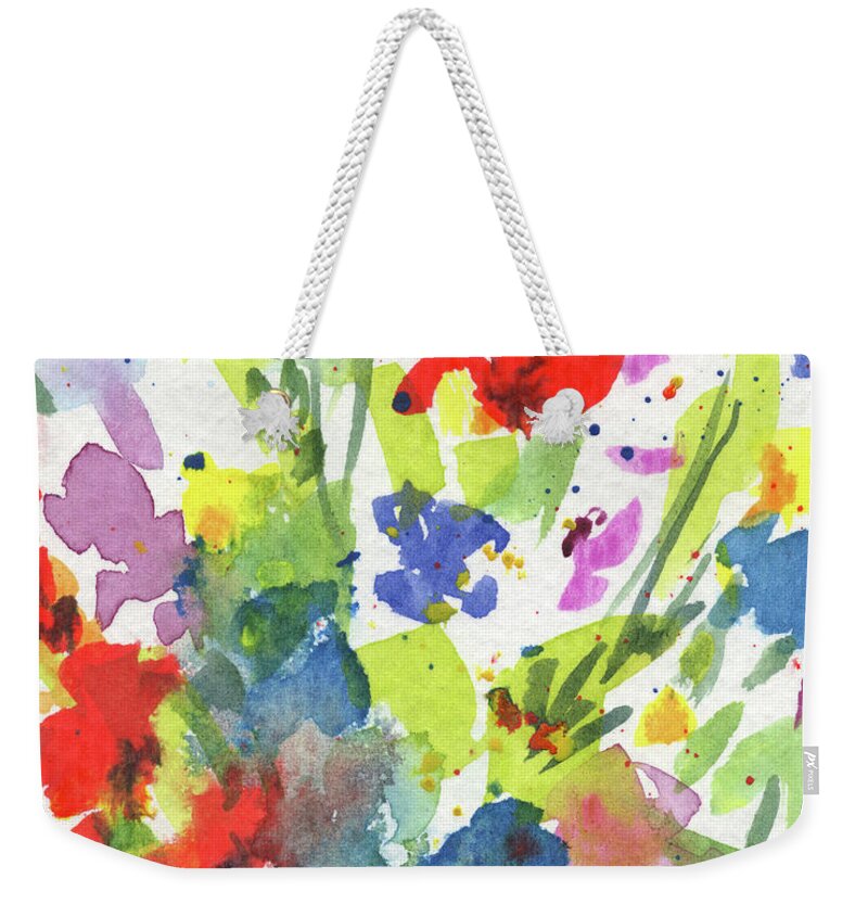 Abstract Flowers Weekender Tote Bag featuring the painting The Splash Of Summer Colors Abstract Flowers Contemporary Watercolor Art III by Irina Sztukowski