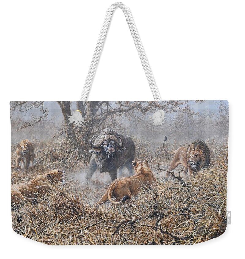 Buffalo Weekender Tote Bag featuring the painting The Stand Off by Alan M Hunt