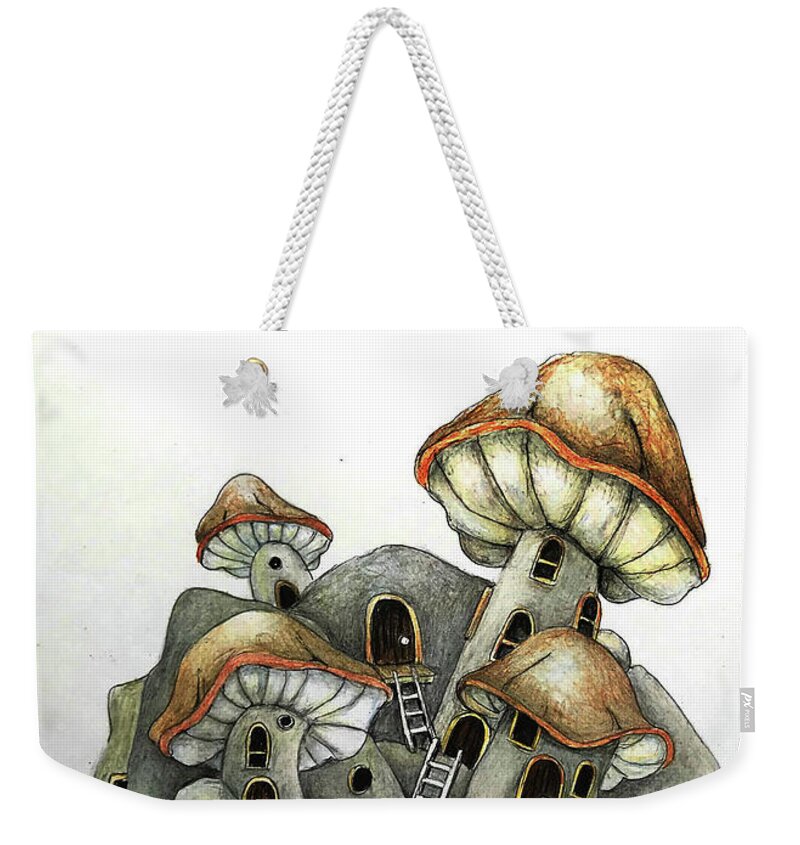 Stone Weekender Tote Bag featuring the drawing The stone mushroom house by Tim Ernst