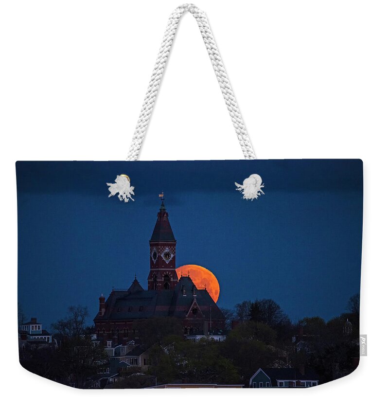 Marblehad Weekender Tote Bag featuring the photograph The supermoon sets behind Abbot Hall in Marblehead Massachusetts by Toby McGuire