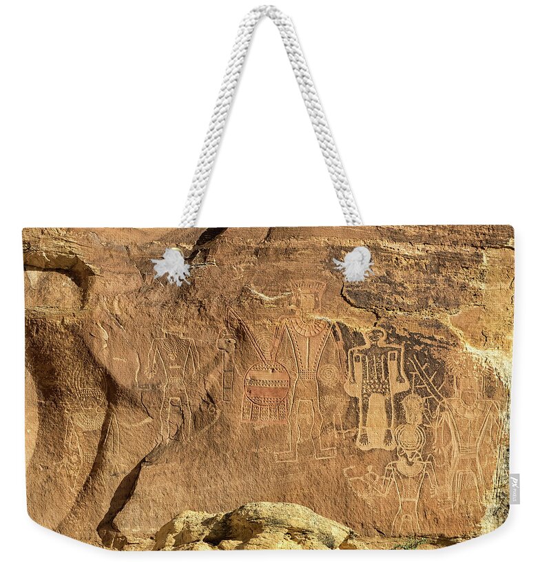 Petroglyphs Weekender Tote Bag featuring the photograph The Three Kings Petroglyph Panel by Kathleen Bishop