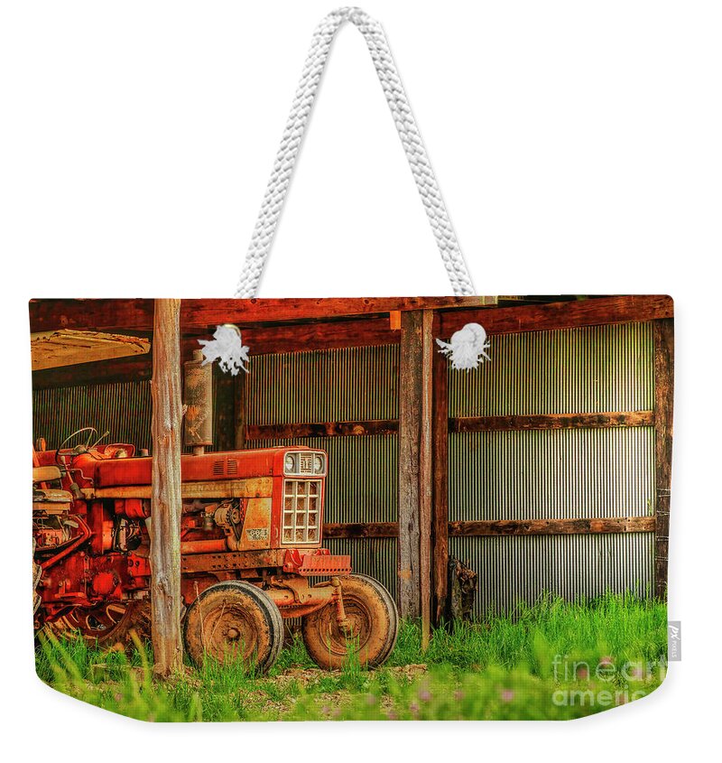 Tractor Weekender Tote Bag featuring the photograph The Red Tractor by Shelia Hunt