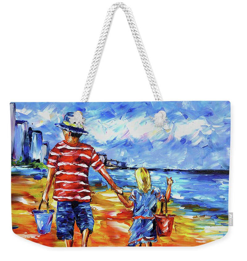 Children On The Beach Weekender Tote Bag featuring the painting The two of us on the beach by Mirek Kuzniar