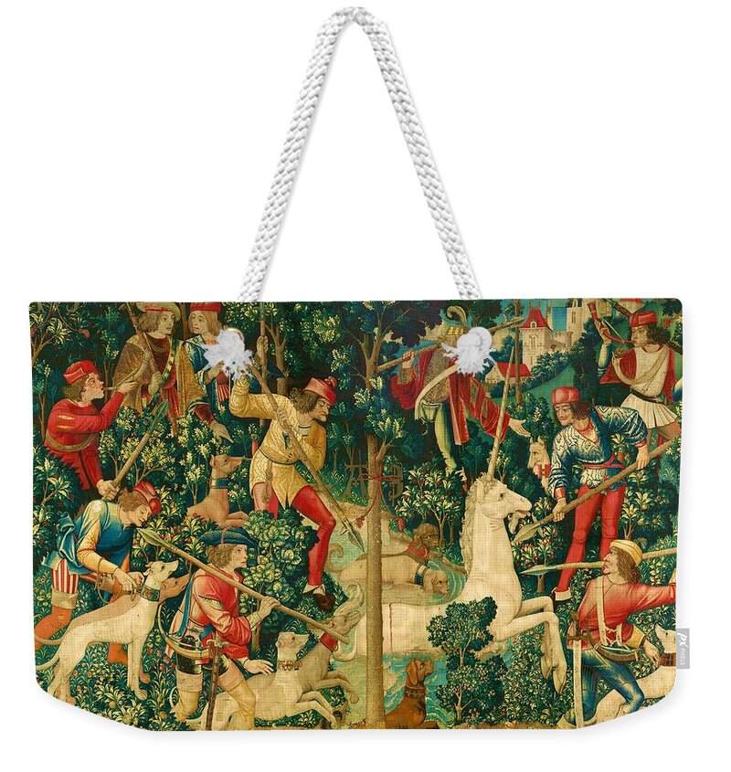 The Unicorn Crosses A Stream Weekender Tote Bag featuring the painting The Unicorn Crosses a Stream by The Unicorn Tapestries