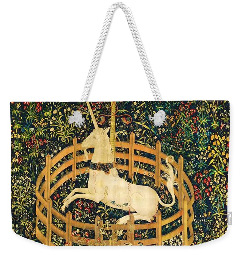 The Unicorn Rests In A Garden Weekender Tote Bag featuring the painting The Unicorn Rests in a Garden by The Unicorn Tapestries