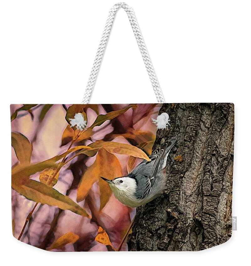 Nuthatch Weekender Tote Bag featuring the photograph The Upside Down Percher by Debra Martz