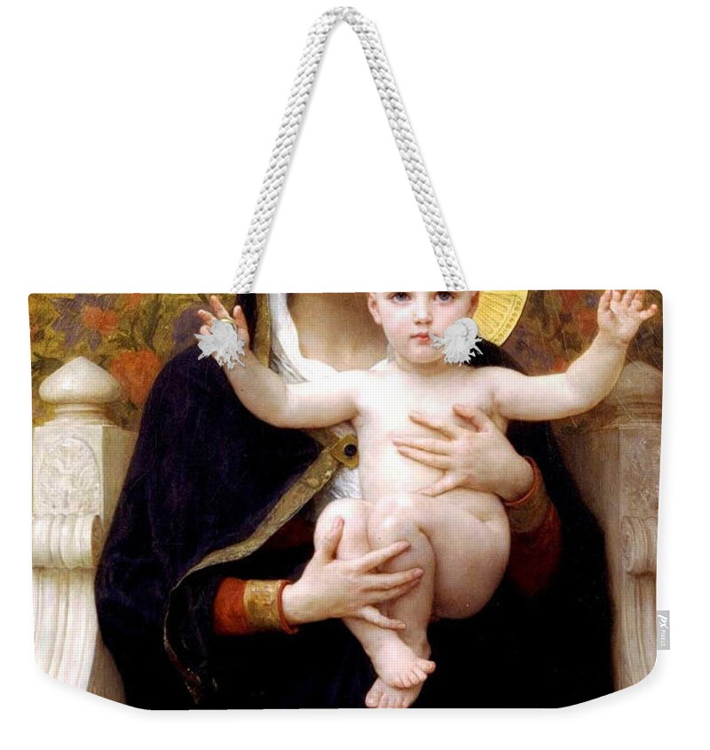 The Virgin Of The Lilies Weekender Tote Bag featuring the digital art The Virgin of the Lilies by William Bouguereau