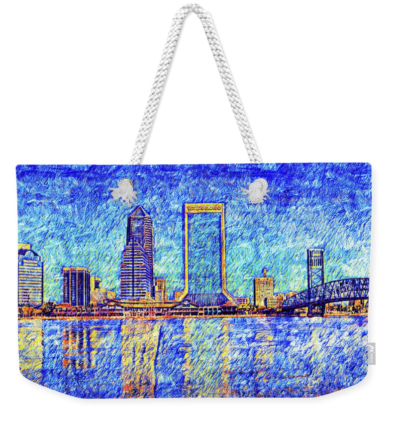 Downtown Jacksonville Weekender Tote Bag featuring the digital art The waterfront of downtown Jacksonville, Florida - digital painting by Nicko Prints
