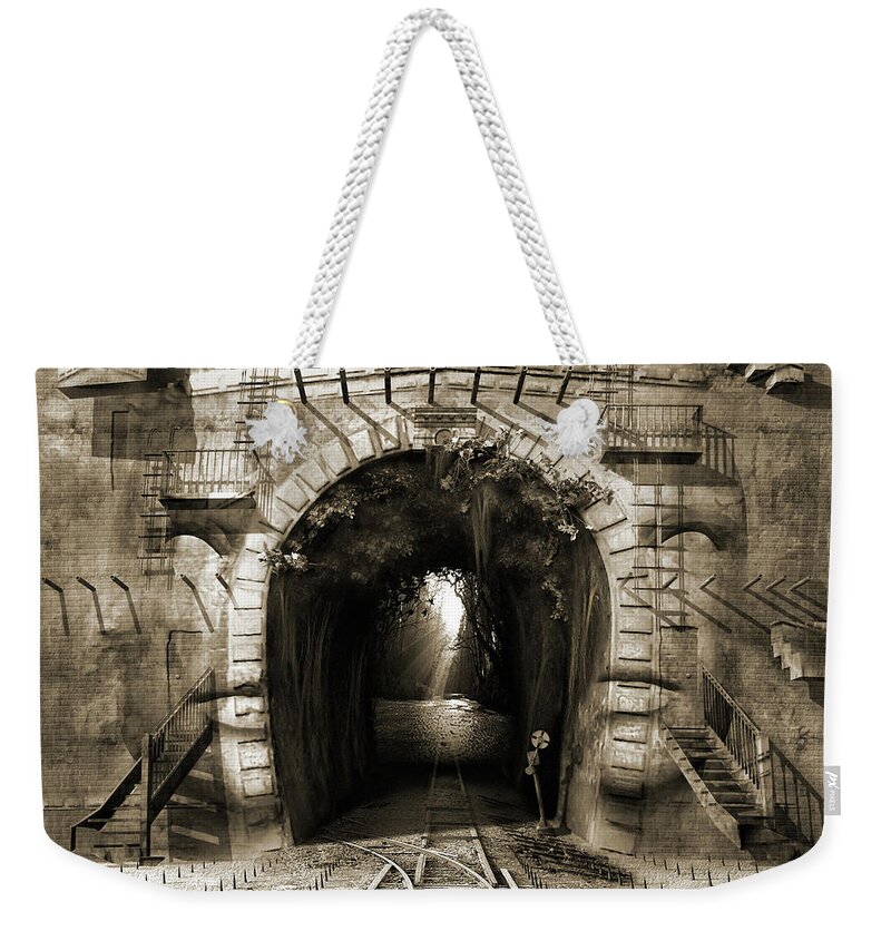 Dark Mystical Wall Face Railway Surrealistic Phantasmagorical Metaphorical Railroad Tunnel Weekender Tote Bag featuring the digital art The way out or Suicidal ideation by George Grie