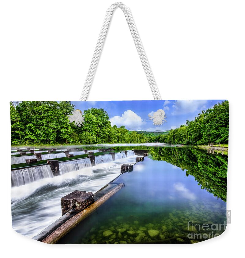 River Weekender Tote Bag featuring the photograph The Weir Dam at South Holston by Shelia Hunt