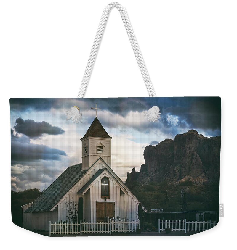 Stormy Weekender Tote Bag featuring the photograph The White Chapel At The Supes by Saija Lehtonen