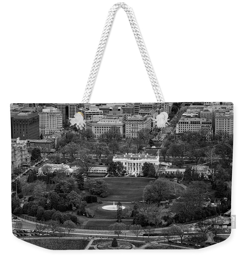 White House Weekender Tote Bag featuring the photograph The White House Aerial BW by Susan Candelario