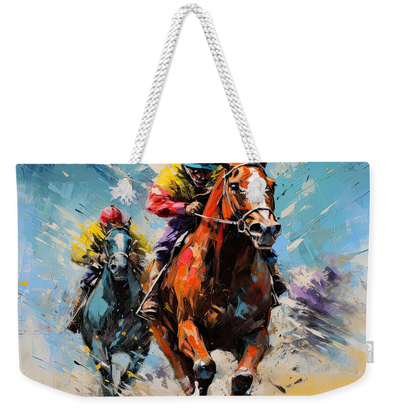 Horse Racing Weekender Tote Bag featuring the painting The Winner's Circle by Lourry Legarde