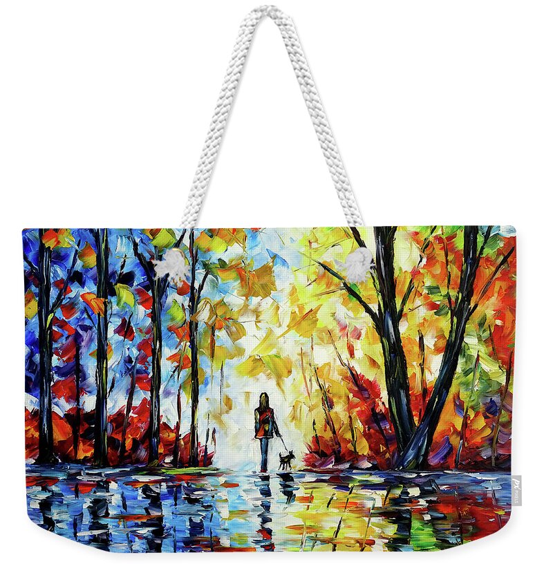 Woman Alone Weekender Tote Bag featuring the painting The Woman With The Dog by Mirek Kuzniar