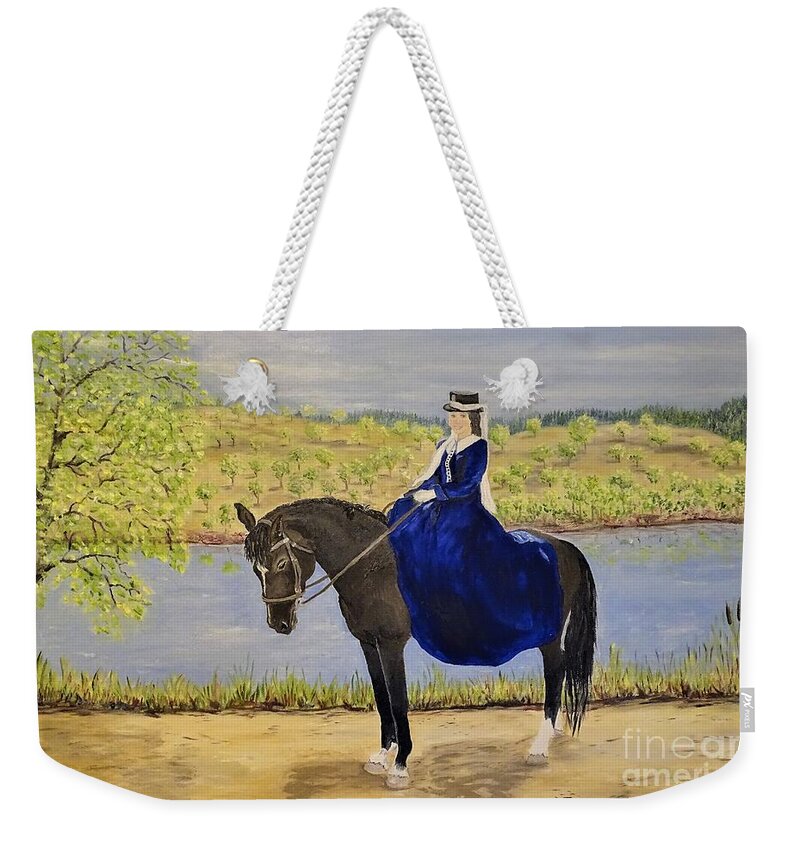 Horse Sidesaddle Weekender Tote Bag featuring the painting The Women in Blue by Lisa Rose Musselwhite