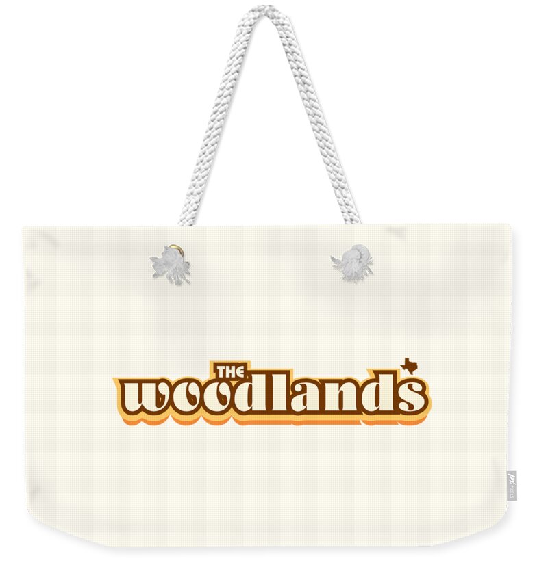 Jan M Stephenson Designs Weekender Tote Bag featuring the digital art The Woodlands Texas - Retro Name Design, Southeast Texas, Yellow, Brown, Orange by Jan M Stephenson
