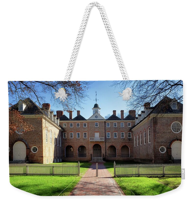 Wren Building Weekender Tote Bag featuring the photograph The Wren Building Courtyard - Williamsburg, Virginia by Susan Rissi Tregoning