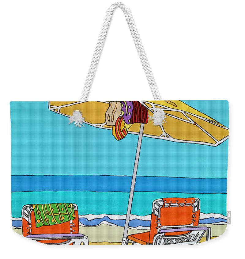 Beach Chairs Sand Ocean Water Summer Umbrella Weekender Tote Bag featuring the painting The yellow umbrella by Mike Stanko