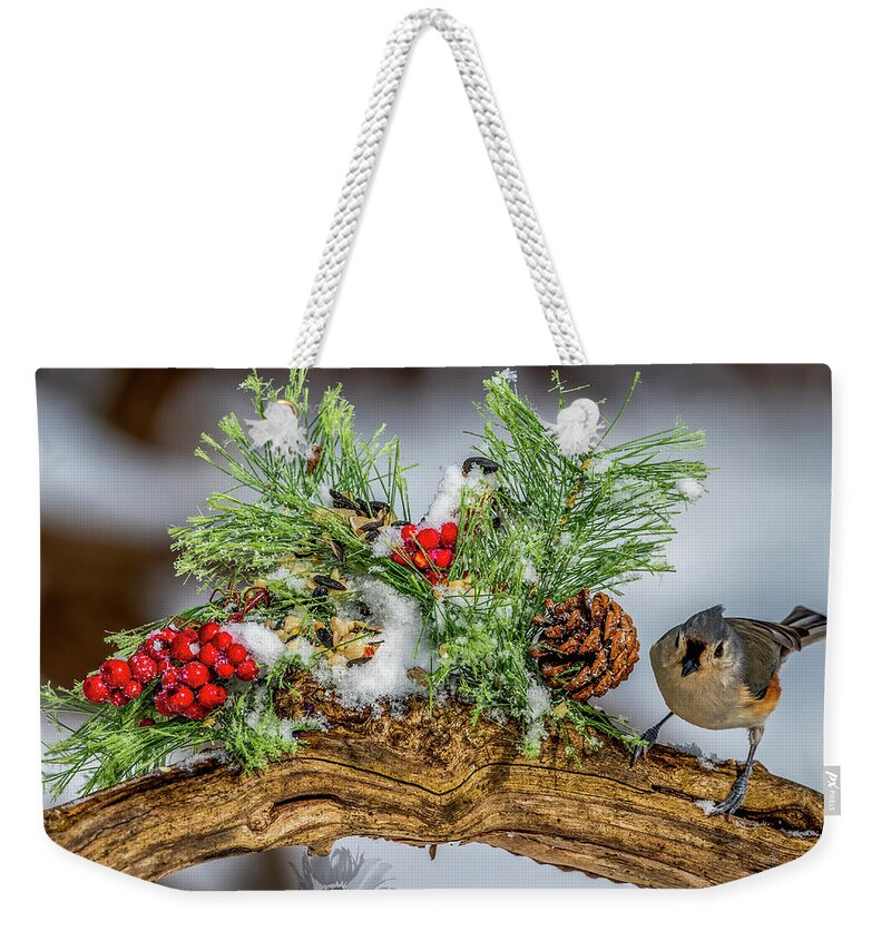 Titmouse Weekender Tote Bag featuring the photograph TheChristmas Titmouse by Regina Muscarella