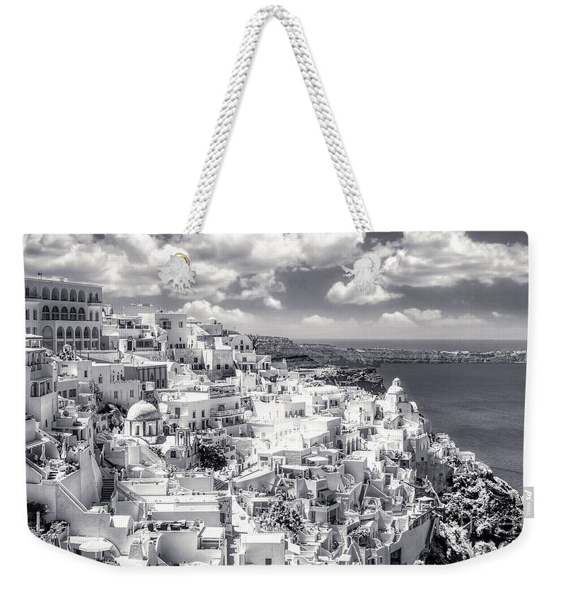 Fira Weekender Tote Bag featuring the photograph Thera - Fira City on Santorini - Greece BW by Stefano Senise
