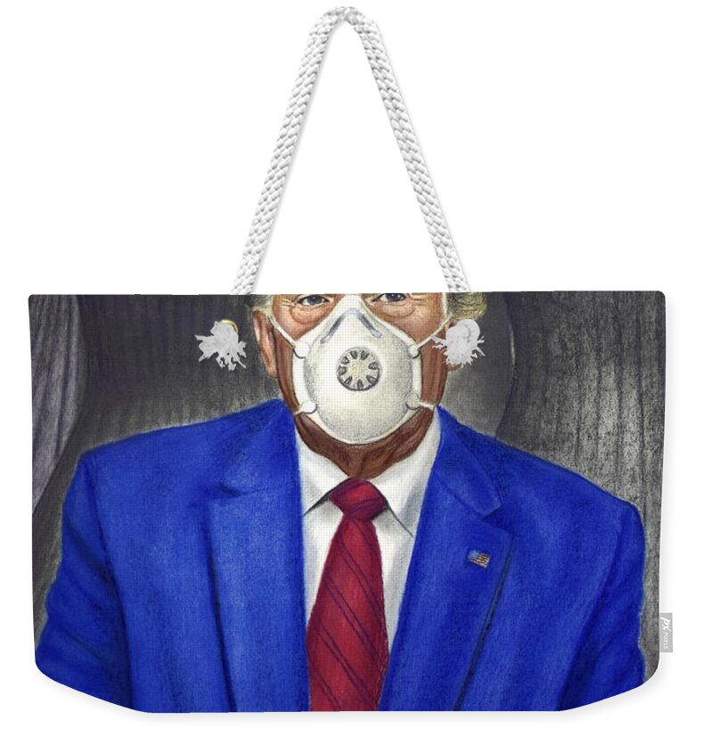 Trump Weekender Tote Bag featuring the drawing There is No Climate Crisis, Coronavirus is Less than Flu and Earth is Flat by Andrea Vandoni