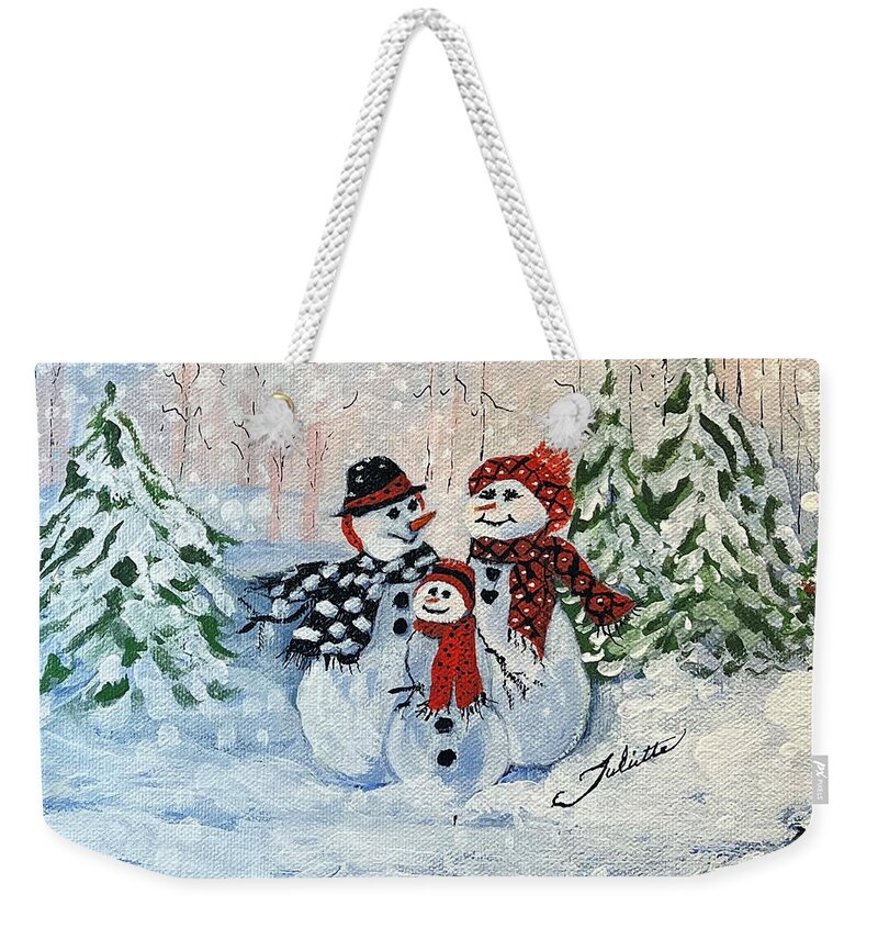 Snowman Weekender Tote Bag featuring the painting There's Snow Place Like Home by Juliette Becker
