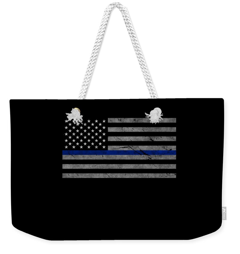 Funny Weekender Tote Bag featuring the digital art Thin Blue Line US Flag by Flippin Sweet Gear