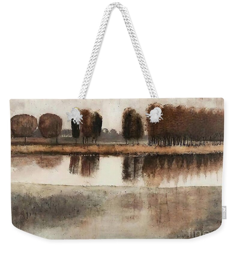 Winter Weekender Tote Bag featuring the painting Think Things Over Painting winter lake water cold trees background beautiful chill cold damage dirt effect forest grunge lake landscape nature outdoor pond reflection river season surface water by N Akkash