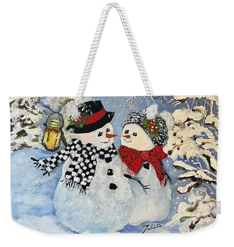 Snowman Weekender Tote Bag featuring the painting This is a Fine Snowmance by Juliette Becker