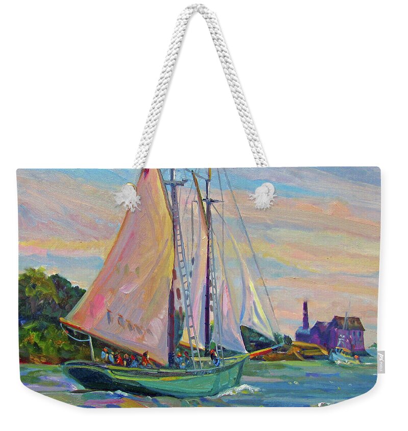 Sailboat Weekender Tote Bag featuring the painting Thomas E. Lannon, Gloucester by John McCormick