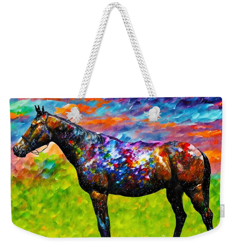Thoroughbred Weekender Tote Bag featuring the digital art Thoroughbred horse on a pasture - colorful abstract painting by Nicko Prints