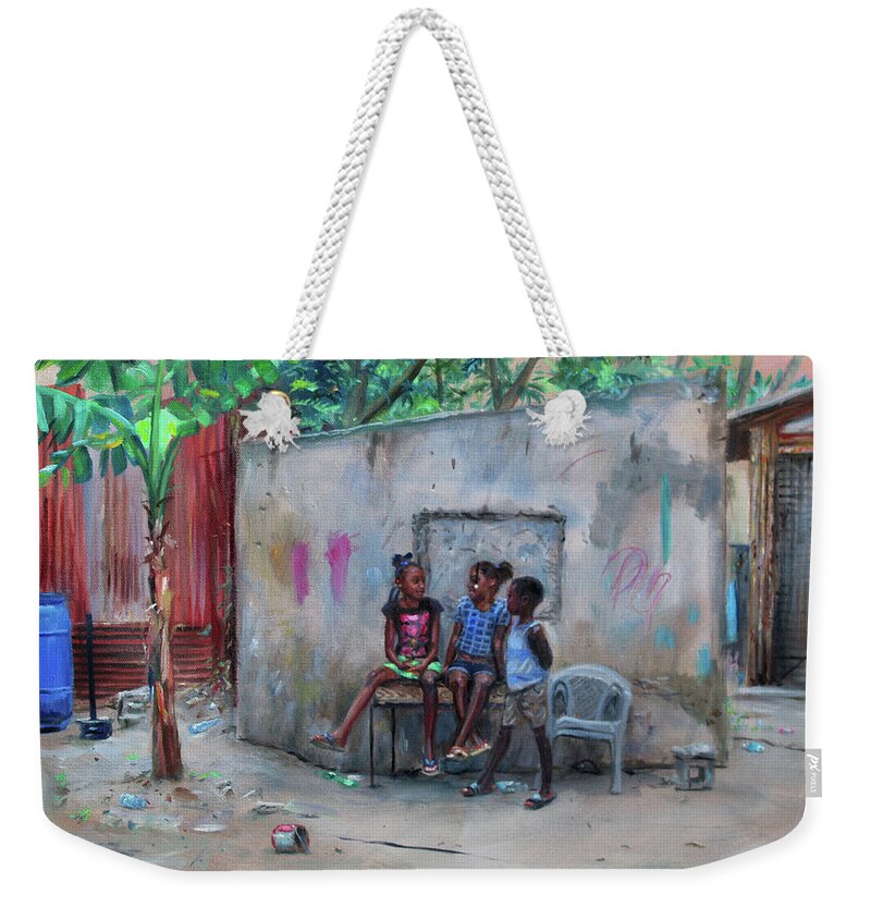 Caribbean Weekender Tote Bag featuring the painting Three Children at Labatwi by Jonathan Gladding JAG