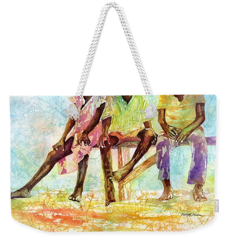 Chilren Weekender Tote Bag featuring the painting Three Children of Ghana by Hailey E Herrera