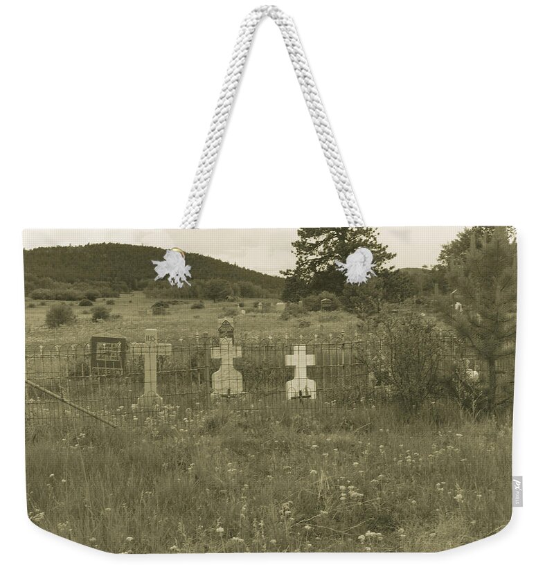 Gravesites Weekender Tote Bag featuring the photograph Three Crosses Cemetery by Cathy Anderson